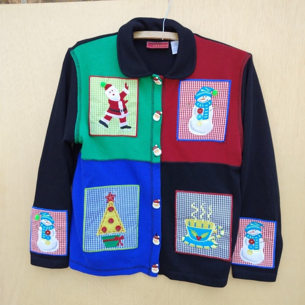 Christmas Sweater Womens Small Black Ugly Patchwork Whimsical Button Up Onque